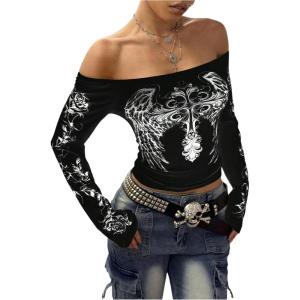 image:imageWomens Off The Shoulder Goth Graphic Tees Long Sleeve Slim Fit Y2K Crop Tops Vintage T ShirtBlack