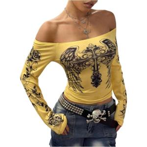 image:imageWomens Off The Shoulder Goth Graphic Tees Long Sleeve Slim Fit Y2K Crop Tops Vintage T ShirtYellow
