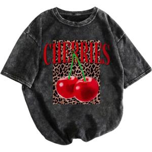 image:imageWomens Retro Washed Graphic Tees Short Sleeve Leopard Cherry Summer Tops Trendy StreetwearBlack