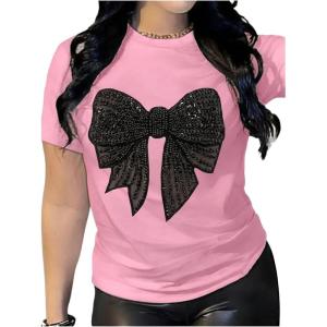 image:imageWomens Rhinestone Sequin Bowknot Graphic Tees Short Sleeve Crewneck Summer Tops Going Out T ShirtBright Pink