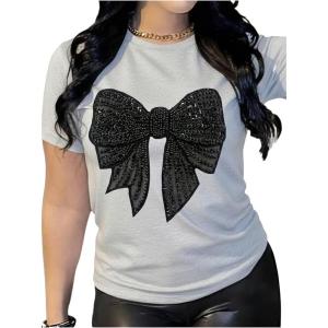 image:imageWomens Rhinestone Sequin Bowknot Graphic Tees Short Sleeve Crewneck Summer Tops Going Out T ShirtGrey