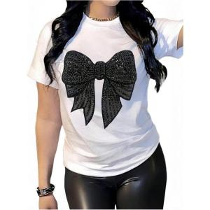 image:imageWomens Rhinestone Sequin Bowknot Graphic Tees Short Sleeve Crewneck Summer Tops Going Out T ShirtSolid White