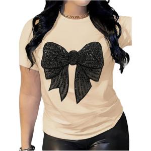 image:imageWomens Rhinestone Sequin Bowknot Graphic Tees Short Sleeve Crewneck Summer Tops Going Out T ShirtYellow