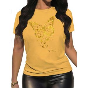 image:imageWomens Sequin Butterfly Tops Crew Neck Short Sleeve T Shirts Y2k Summer TopsYellow