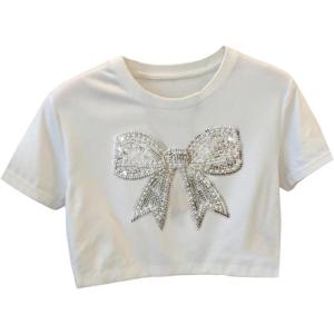 image:imageWomens Sequin Pearl Bow T Shirts Crop Tops Crew Neck Short Sleeve Tees Summer OutfitsWhite