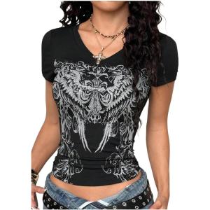 image:imageWomens Sparkly Rhinestone Goth T Shirts Short Sleeve V Neck Tight Shirt Summer Going Out Crop TopsBlack