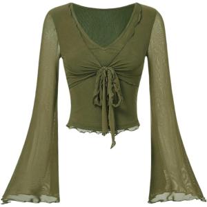 image:imageWomens Tie Front V Neck Sheer Mesh Tops Long Flounce Sleeve Asymmetrical Hem T ShirtGreen