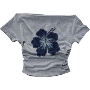 image:imageWomens Y2K Hibiscus Floral Graphic Tees Short Sleeve Ruched Off The Shoulder Tops Cute T ShirtsLight Grey