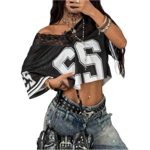 image:imageWomens Y2K Lace Mesh Jersey Shirts V Neck Short Sleeve Off The Shoulder Tops Crop Graphic TeesBlack