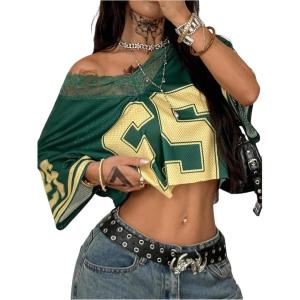 image:imageWomens Y2K Lace Mesh Jersey Shirts V Neck Short Sleeve Off The Shoulder Tops Crop Graphic TeesDark Green
