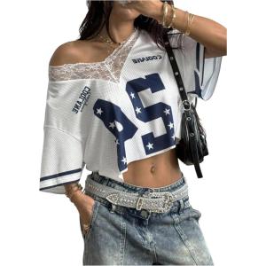 image:imageWomens Y2K Lace Mesh Jersey Shirts V Neck Short Sleeve Off The Shoulder Tops Crop Graphic TeesLight White