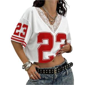 image:imageWomens Y2K Lace Mesh Jersey Shirts V Neck Short Sleeve Off The Shoulder Tops Crop Graphic TeesSolid White