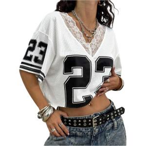 image:imageWomens Y2K Lace Mesh Jersey Shirts V Neck Short Sleeve Off The Shoulder Tops Crop Graphic TeesWhite