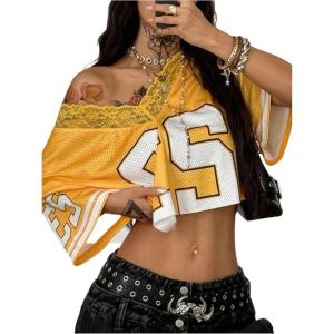 image:imageWomens Y2K Lace Mesh Jersey Shirts V Neck Short Sleeve Off The Shoulder Tops Crop Graphic TeesYellow