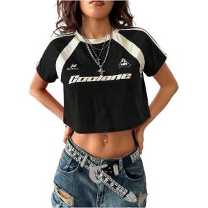 image:imageWomens Y2K Short Sleeve Crop T Shirts Striped Letter Graphic Tees Music Festival Crop TopsBlack