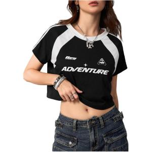 image:imageWomens Y2K Short Sleeve Crop T Shirts Striped Letter Graphic Tees Music Festival Crop TopsBlack White