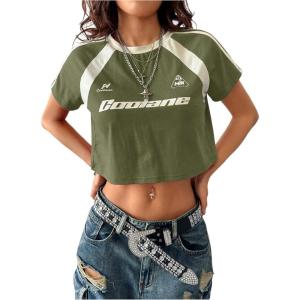 image:imageWomens Y2K Short Sleeve Crop T Shirts Striped Letter Graphic Tees Music Festival Crop TopsGreen