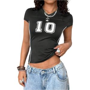 image:imageWomens Y2K Sporty Jersey Shirts V Neck Sleeve Tight Cropped Tees Street Graphic Summer TopBlack