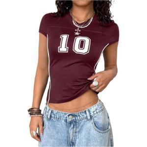 image:imageWomens Y2K Sporty Jersey Shirts V Neck Sleeve Tight Cropped Tees Street Graphic Summer TopBurgundy