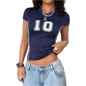 image:imageWomens Y2K Sporty Jersey Shirts V Neck Sleeve Tight Cropped Tees Street Graphic Summer TopDeep Blue