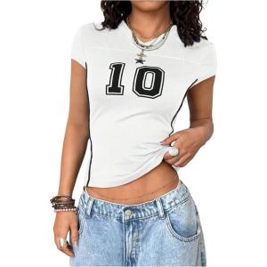 image:imageWomens Y2K Sporty Jersey Shirts V Neck Sleeve Tight Cropped Tees Street Graphic Summer TopWhite