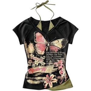 image:imageWomens Y2k Grunge Graphic Tees Short Sleeve 2 in 1 Halter T Shirts Vintage StreetwearBlack