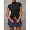 image:imageRoseSeek Womens Button Down Mock Neck T Shirt Cap Short Sleeve Slim Fit Knit Tee Tops