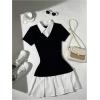 image:imageRoseSeek Womens Color Block Pleated A Line Mini Dresses Short Sleeve Fitted Collared Office Work DressBlack and White