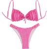 image:imageRoseSeek Womens 2 Piece Gingham Bikini Sets Tie Front Frill Bathing Suit Set Wireless Padded SwimsuitHot Pink