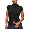image:imageRoseSeek Womens Button Down Mock Neck T Shirt Cap Short Sleeve Slim Fit Knit Tee Tops