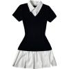 image:imageRoseSeek Womens Color Block Pleated A Line Mini Dresses Short Sleeve Fitted Collared Office Work DressBlack and White