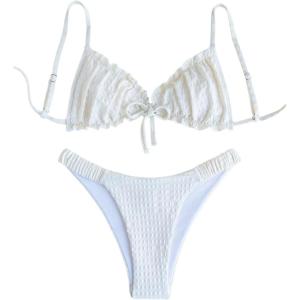 image:imageRoseSeek Womens 2 Piece Gingham Bikini Sets Tie Front Frill Bathing Suit Set Wireless Padded SwimsuitBeige