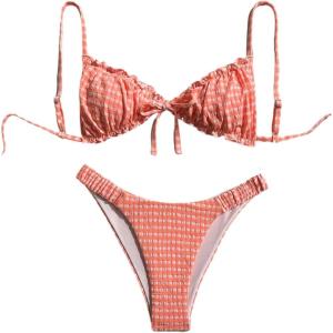 image:imageRoseSeek Womens 2 Piece Gingham Bikini Sets Tie Front Frill Bathing Suit Set Wireless Padded SwimsuitCoral Orange