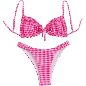 image:imageRoseSeek Womens 2 Piece Gingham Bikini Sets Tie Front Frill Bathing Suit Set Wireless Padded SwimsuitHot Pink