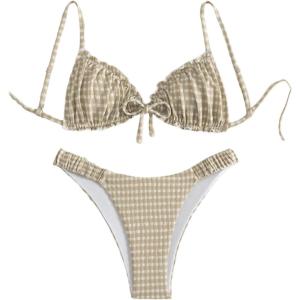 image:imageRoseSeek Womens 2 Piece Gingham Bikini Sets Tie Front Frill Bathing Suit Set Wireless Padded SwimsuitKhaki