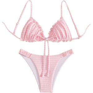 image:imageRoseSeek Womens 2 Piece Gingham Bikini Sets Tie Front Frill Bathing Suit Set Wireless Padded SwimsuitPink