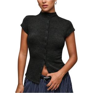 image:imageRoseSeek Womens Button Down Mock Neck T Shirt Cap Short Sleeve Slim Fit Knit Tee Tops