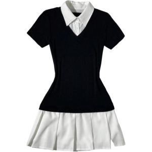 image:imageRoseSeek Womens Color Block Pleated A Line Mini Dresses Short Sleeve Fitted Collared Office Work DressBlack and White