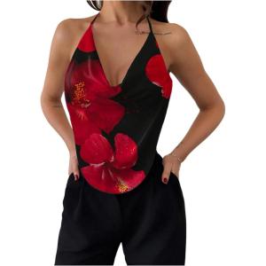 image:imageRoseSeek Womens Draped Backless Halter Top Asymmetrical Hem Slim Fit Camisole Top ClubwearBlack
