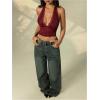 image:imageRoseSeek Womens Floral Lace Deep V Neck Halter Tops Y2K Backless Summer Going Out Crop Tank TopBurgundy