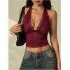 image:imageRoseSeek Womens Floral Lace Deep V Neck Halter Tops Y2K Backless Summer Going Out Crop Tank TopBurgundy