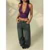 image:imageRoseSeek Womens Floral Lace Deep V Neck Halter Tops Y2K Backless Summer Going Out Crop Tank TopPurple