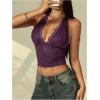 image:imageRoseSeek Womens Floral Lace Deep V Neck Halter Tops Y2K Backless Summer Going Out Crop Tank TopPurple