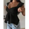 image:imageRoseSeek Womens Layered Ruffle T Shirts Sweetheart Neck Cap Sleeve Elegant Crop TopsBlack