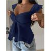 image:imageRoseSeek Womens Layered Ruffle T Shirts Sweetheart Neck Cap Sleeve Elegant Crop TopsBlue