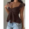 image:imageRoseSeek Womens Layered Ruffle T Shirts Sweetheart Neck Cap Sleeve Elegant Crop TopsBrown