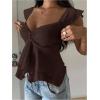 image:imageRoseSeek Womens Layered Ruffle T Shirts Sweetheart Neck Cap Sleeve Elegant Crop TopsBrown