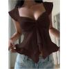 image:imageRoseSeek Womens Layered Ruffle T Shirts Sweetheart Neck Cap Sleeve Elegant Crop TopsBrown