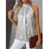 image:imageRoseSeek Womens Metallic Sleeveless Halter Tops Pleated Elegant Tank Top Casual Summer Work ShirtsSilver
