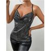 image:imageRoseSeek Womens Sequin Cami Top Slim Fit Spaghetti Strap Tops V Neck Sleeveless TopsBlack